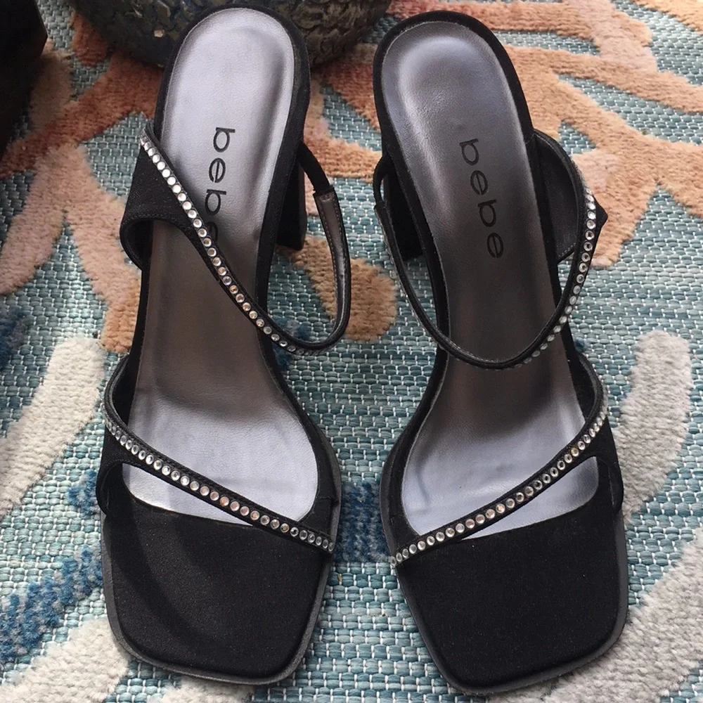 Bebe Evening Heels Jeanette Estella Black Clear Rhinestone size 6 Y2K Square Toe